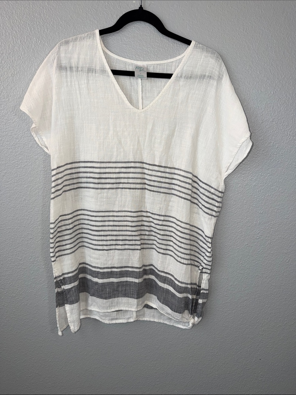 Lightweight White & Gray Striped V-Neck Tunic Swim Coverup